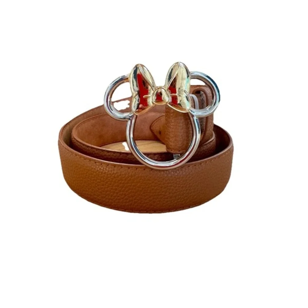 Disney Minnie Mouse Ears Gold & Silver Buckle Camel Brown Leather‎ Belt SMALL
